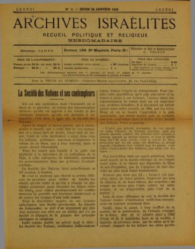 Archives israélites de France. Vol.91 N°03 (16 janv. 1930)